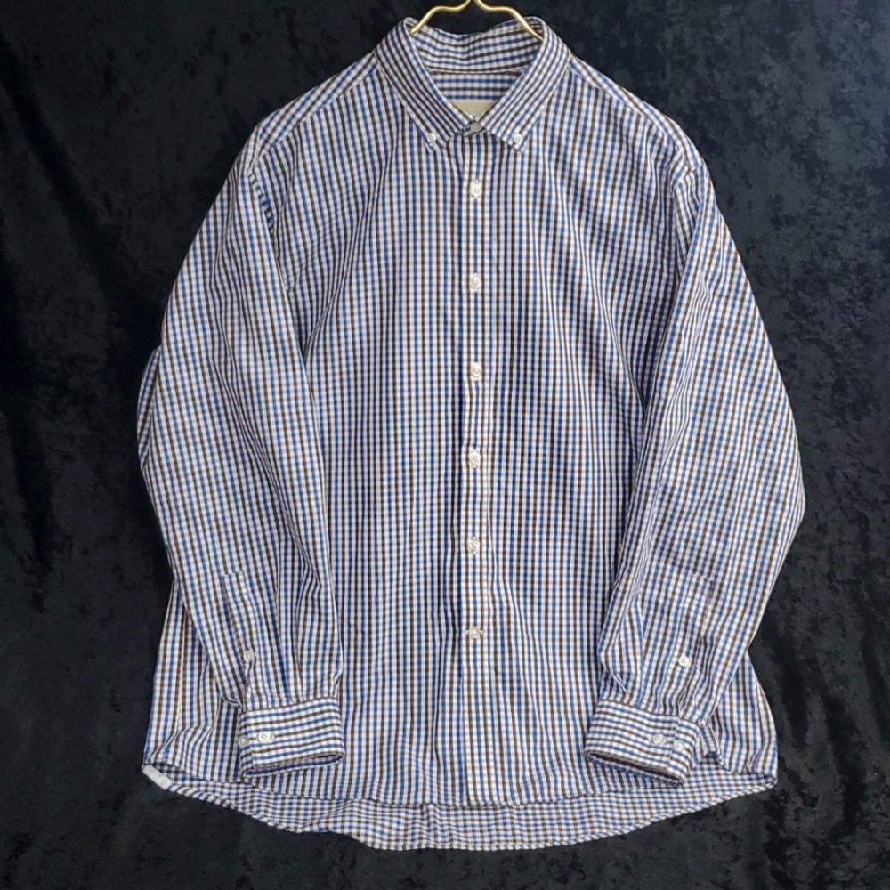 Michael Kors Men's 17.5, 34/35 Long Sleeve Button Down Blue Brown White Plaid